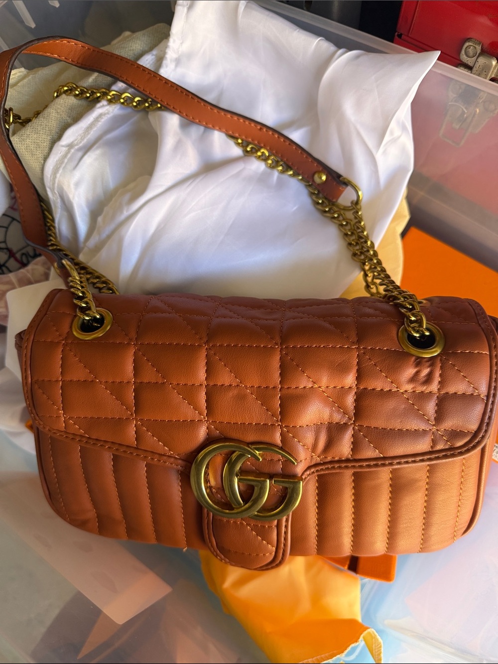 Quilted Shoulder Bag in Cognac Brown with Gold Hardware